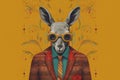 stylish alpaca llama in business suit on yellow background. illustration, Generative AI
