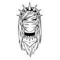 Stylish american girl in spiked bezel wearing medical mask. Coronavirus pandemic in USA. Monochrome vector illustration