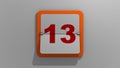 Stylish animated 3D rendering of a flipping calendar with a stop at the thirteenth day. 3d illustration of the 13th day of the wee