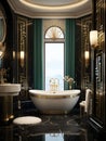 Stylish Art Deco luxury bathroom in black, white, gold and turquoise colors Royalty Free Stock Photo