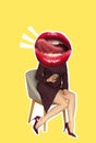 Stylish attire of a woman's body led by a huge woman's mouth. A collage of modern art. Modern design