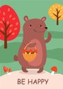 Stylish autumn card or banner with a cute bear. Funny vector illustration with text.