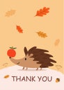Stylish autumn card or banner with a cute hedgehog. Funny vector illustration with text.