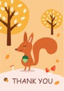Stylish autumn card or banner with a cute squirrel. Funny vector illustration with text.