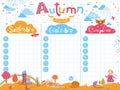 Stylish Autumn planner with girl, dog, house, landscape and funny typography on the background of paper sheet in vector