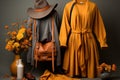 Stylish autumn women& x27;s outfit. clothes and accessories in a warm autumn palette