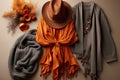 Stylish autumn women's outfit. clothes and accessories in a warm autumn palette