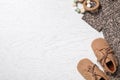 Stylish baby outfit on white wooden background, flat lay. Space for text Royalty Free Stock Photo