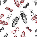 Stylish background of sneakers and glasses. Vector illustration. Shoes, clothes and accessories.