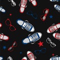 Stylish background of sneakers and glasses. Vector illustration. Shoes, clothes and accessories.