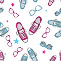 Stylish background of sneakers and glasses. Vector illustration. Shoes, clothes and accessories.