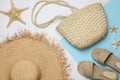 Stylish bag and beach accessories on color background, flat lay Royalty Free Stock Photo