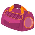 Stylish bag for carrying pets. Purple carrying bag with yellow handles and a window on a white background.