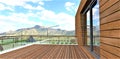 Stylish balcony design. Wooden flooring and walls. Glass fence. Stunning mountains landscape. 3d rendering