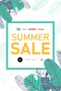 Stylish banner summer sale with hand-drawn contours of tropical palm leaves and flowers