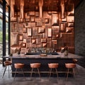 A stylish bar area with a 3D copper wall design