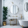 Stylish Bathroom Interior, Ceramic bathtub, Art Lights on Ceiling, Mirror and metal Elements, Geometric Tiles Window with Soft Royalty Free Stock Photo