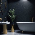 Stylish Bathroom Interior, Ceramic bathtub, Art Lights on Ceiling, Mirror and metal Elements, Geometric Tiles Window with Soft Royalty Free Stock Photo