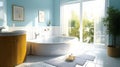 Stylish bathroom interior design with jacuzzi, large windows, blue walls , and minimalist decor. Royalty Free Stock Photo
