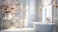 Stylish bathroom interior design with marble panels. Bath, towels and other personal bathroom accessories. Modern concept of