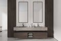 Stylish bathroom interior with double sink and mirror, accessories in dresser