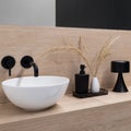 Stylish bathroom washbasin on wooden shelf, close-up Royalty Free Stock Photo