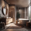 Stylish bathroom with wooden furniture in modern house. African style interior Royalty Free Stock Photo