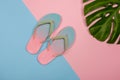 Stylish beach flip-flops on pink and blue pastel background with monstera leaf, top view. Summer concept with copy space Royalty Free Stock Photo