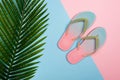 Stylish beach flip-flops on pink and blue pastel background with palm leaf, top view. Summer concept with copy space. Royalty Free Stock Photo