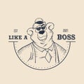 Stylish bear looking like boss illustration. Fashionable sketch teddy in hat and glasses dressed in office style.