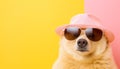 Stylish bear in sunglasses and hat on pastel background with copy space for text placement