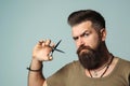 Stylish bearded man. Barber holding scissors. Small business, barber shop. Handsome hairstylist. Mens haircut, beard care Royalty Free Stock Photo