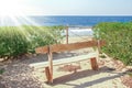 Stylish beautiful bench on nature near the sea background Royalty Free Stock Photo