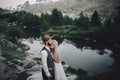 Stylish young wedding couple posing in beautiful Matterhorn moun Royalty Free Stock Photo