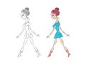 Stylish beautiful girl in blue dress. Fashion woman. Sketch. Vector illustration. Women walking. hand drawn youn girl Royalty Free Stock Photo