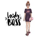 Stylish Beautiful girl in fashion clothes with bag. Lady boss.