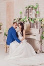 Stylish beautiful happy bride and groom, wedding celebrations, Hotel, Royalty Free Stock Photo