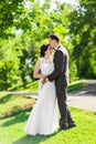 Stylish beautiful happy bride and groom, wedding celebrations outdoor Royalty Free Stock Photo