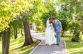 Stylish beautiful happy bride and groom, wedding celebrations outdoors Royalty Free Stock Photo