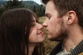 Stylish beautiful traveling tender happy couple in the mountains