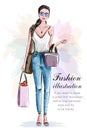 Stylish beautiful woman with shopping bags. Sketch. Hand drawn girl in fashion clothes. Royalty Free Stock Photo