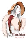 Stylish beautiful young woman in hat. Sketch. Hand drawn girl in fur coat. Fashion illustration.