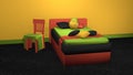 Stylish bed in bold colors with sleeping emoticon