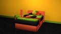 Stylish bed in bold colors with sleeping emoticon