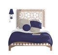 A stylish bed with a large designer headrest with geometric elements.