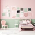 Stylish bedroom with empty mockup photoframes. Sofa, pillows, chairs, picture frames with copy space for picture on wall Royalty Free Stock Photo