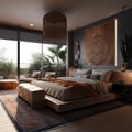 Stylish bedroom interior in African style with cozy modern bed