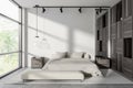 Stylish bedroom interior with bed and bench, decor and window. Mockup wall