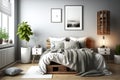 Stylish bedroom interior in modern apartment with small bed, wooden chest, home garden, white bedding, pillows and blanket. Sunny Royalty Free Stock Photo