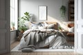 Stylish bedroom interior in modern apartment with small bed, wooden chest, home garden, white bedding, pillows and blanket. Sunny Royalty Free Stock Photo